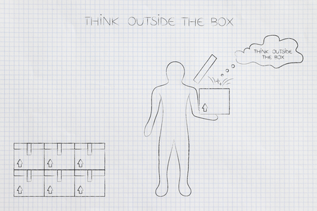 think outside the box conceptual illustration: pile of parcels next to person holding an opened one with thought bubble and captionの写真素材