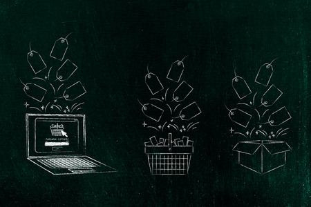 buying gifts and promotions concept: laptop shopping basket and parcel with price tags flying out of themの写真素材