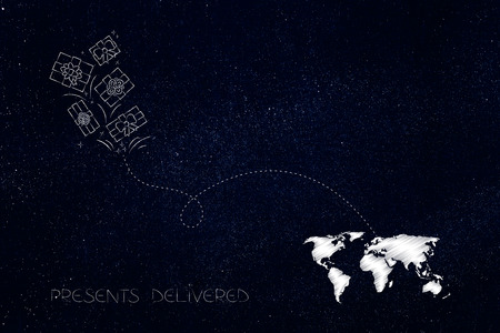 worldwide delivery concept: presents with dashed line route to destination on world mapの写真素材