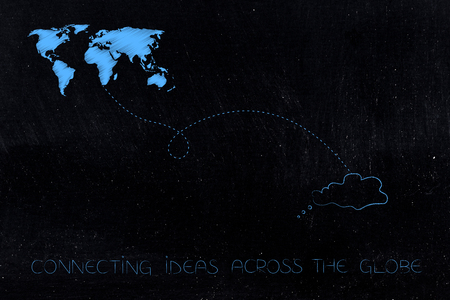 connecting ideas across the globe conceptual illustration: world map linked by dashed line to thought bubbleの写真素材