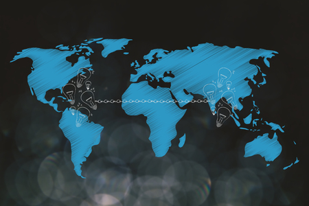 connecting ideas across the globe conceptual illustration: group of light bulbs linked to each other by chain and world map overlayの写真素材