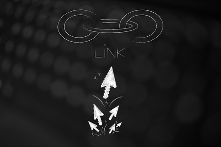 technology devices illustration: link chain icon with group of mouse cursors moving towards it metaphor of internet functionの写真素材