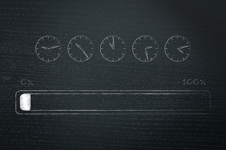 loading time conceptual illustration: slow progress bar with process just begun and clocks above with time passying byの写真素材