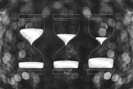 time passing by conceptual illustration: three hourglasses from almost full to almost empty