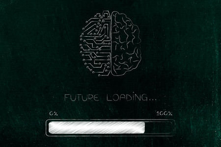 thought processing conceptual illustration: half human half circuit brain with progress bar and...