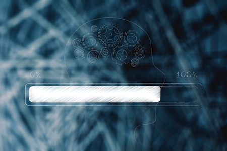 thought processing conceptual illustration: profile with gearwheel mind and progress bar loading on...