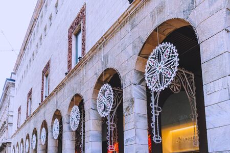 MILANO, ITALY - December 5th, 2018: architectural detail of the buildings surrounding the Piazza del Duomo square in Milan city centreのeditorial素材