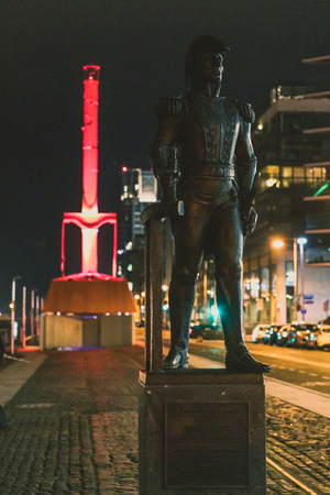 DUBLIN, IRELAND - December 27th, 2018: the Admiral William Brown Memorial and Diving Bell, two of Dublin Dockland'slandmarksのeditorial素材