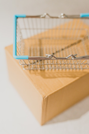 delivery parcel box with shopping basket, concept of online purchases and shippingの写真素材