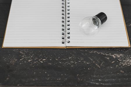 concept of brainstorming and putting ideas on paper, lightbulb on open empty notebook on desk