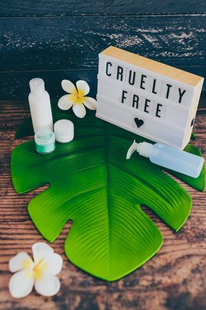 cruelty free message on lightbox with skincare products, concept of vegan products and ethicsの写真素材