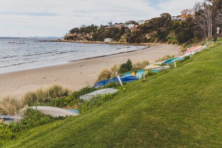 HOBART, AUSTRALIA - August 31st, 2019: beach landscape in Blackmans Bay in Hobart, Tasmania in Australiaのeditorial素材