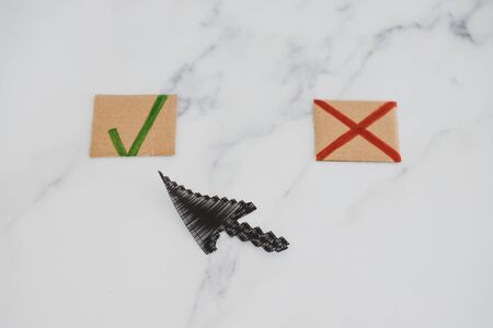 decision taking concept, multiple choice options with green tick and cross sign and cursor pointing...