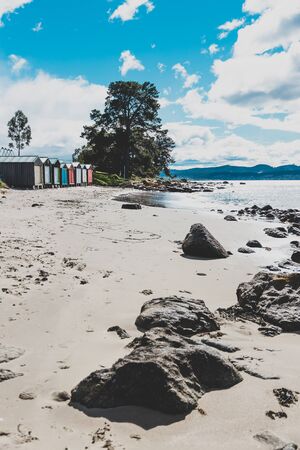 HOBART, AUSTRALIA - September 22nd, 2019: rugged and beautiful little beach in Tasmania Australia in the area of Taroona near Hobart with colorful private beach hutsのeditorial素材