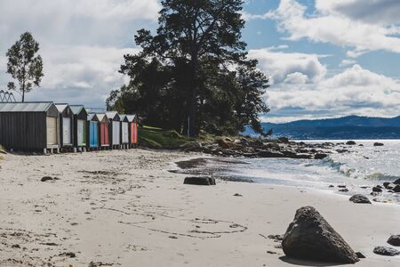 HOBART, AUSTRALIA - September 22nd, 2019: rugged and beautiful little beach in Tasmania Australia in the area of Taroona near Hobart with colorful private beach hutsのeditorial素材