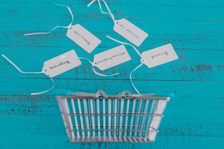 sales strategy and customer purchases, shopping basket with price tags with marketing concepts...