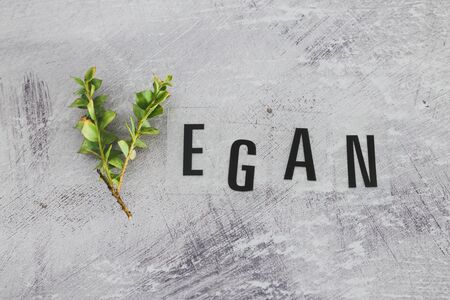 Vegan text with V made from small branches with leaves, concept of healthy plant-based diet and animal rightsの写真素材