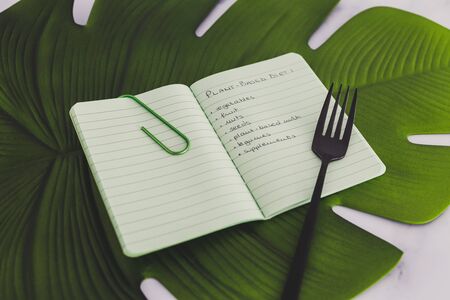 plant-based diet conceptual still-life, green notebook with food category list on tropical leaf with forkの写真素材
