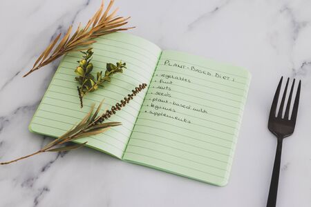 plant-based diet conceptual still-life, green notebook with food category list with fork and plantsの写真素材