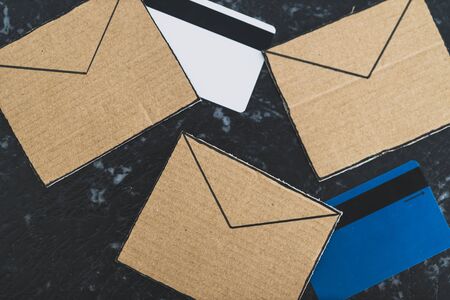 newsletters and marketing communication conceptual still-life, group of email envelope icons with...