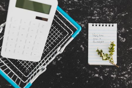 vegan on a budget conceptual still-life, text on notepad with shopping basket calculator and branch of leavesの写真素材