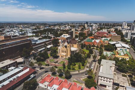 PERTH, AUSTRALIA - December 24th, 2019: Perth city CBD from above on a sunny summer day with clear...