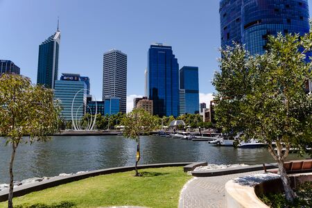 PERTH, WESTERN AUSTRALIA - December 24th, 2019: view of Elizabeth Quay in Perth CBD with its skyline and modern marina on the Swan Riverのeditorial素材