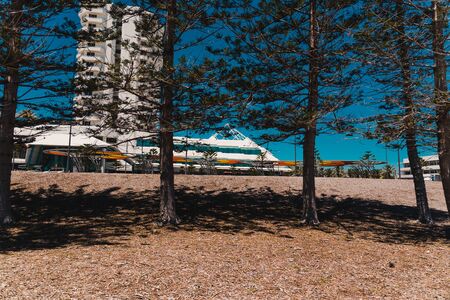 PERTH, WESTERN AUSTRALIA - December 27th, 2019: detail of Scarborough beach seaside promenade, one of the most popular beaches near Perth on the Indian Ocean, with intense turquoise water and blue sky with strong sunshine, shot during the Christmas holidaのeditorial素材