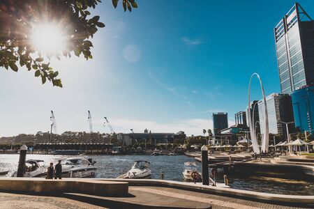 PERTH, AUSTRALIA - December 28th, 2019: view of Elizabeth Quay in Perth, a newly built harbour area with modern architecture and beuatiful views on the Swan Riverのeditorial素材