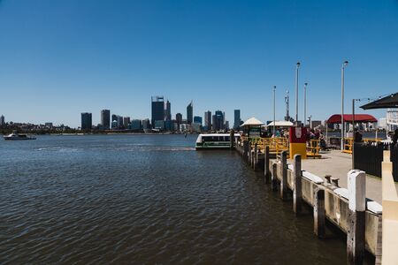 PERTH, AUSTRALIA - December 30th, 2019: view of Perth CBD skyline from Mends Jetty across the river Swan in South Perthのeditorial素材