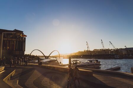 PERTH, AUSTRALIA - December 28th, 2019: view of Elizabeth Quay in Perth, a newly built harbour area with modern architecture and beuatiful views on the Swan Riverのeditorial素材