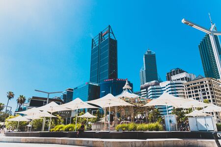 PERTH, AUSTRALIA - December 28th, 2019: view of Elizabeth Quay in Perth, a newly built harbour area with modern architecture and beautiful views on the Swan Riverのeditorial素材
