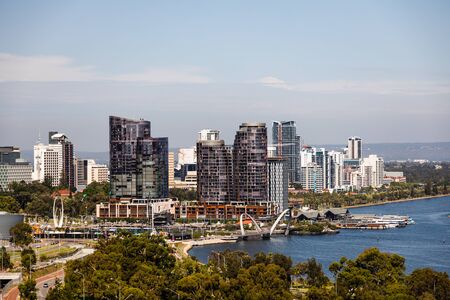 PERTH, AUSTRALIA - December 25th, 2019: Perth city skyline as seen from a vantage point in Kings Park on a summer dayのeditorial素材