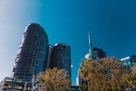 PERTH, AUSTRALIA - January 2nd, 2020: view of Elizabeth Quay in Perth, a newly built harbour area with modern skyscrapersand beautiful views on the Swan Riverのeditorial素材