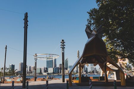 PERTH, AUSTRALIA - December 30th, 2019: view of Perth CBD skyline from Mends Jetty across the river Swan in South Perthのeditorial素材