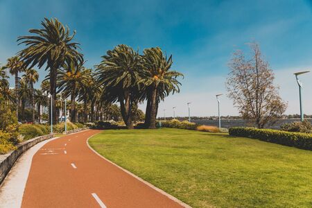 PERTH, WESTERN AUSTRALIA - January 9th, 2020: detail of the Riverside walk along the Swan River from Perth CBD on a sunny and warm summer dayのeditorial素材