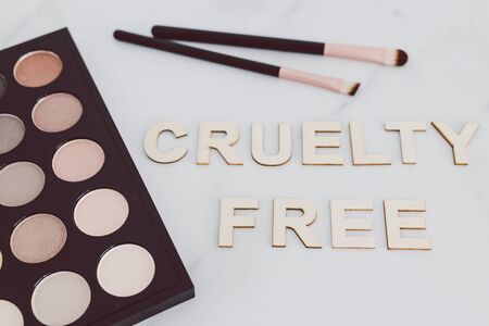 beauty industry and vegan products conceptual still-life, make-up brushes and eyeshadow palette with...
