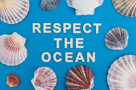 respect for the planet conceptual still-life, respect the ocean text surrounded by colorful shells on blue backgroundの写真素材