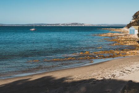 HOBART, TASMANIA - February 17th, 2020: view of Blackman's Bay on a sunny summer day in the late afternoon before dusk, the area is one of the most popular beaches near the city of Hobartのeditorial素材