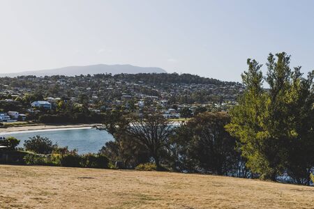 HOBART, TASMANIA - February 17th, 2020: view of Blackman's Bay on a sunny summer day in the late afternoon before dusk, the area is one of the most popular beaches near the city of Hobartのeditorial素材