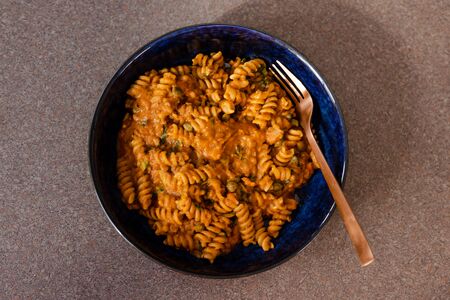 healthy plant-based recipes concept, lentil and tomato sauce pastaの写真素材