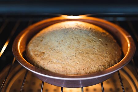 healthy plant-based food recipes concept, vegan banana bread with flax seeds cinnamon and maple...