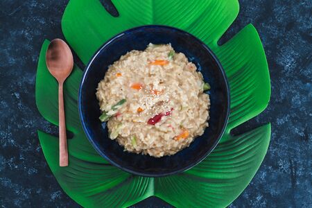 healthy plant-based food recipes concept, vegan satay rice with stir fry veggiesの写真素材