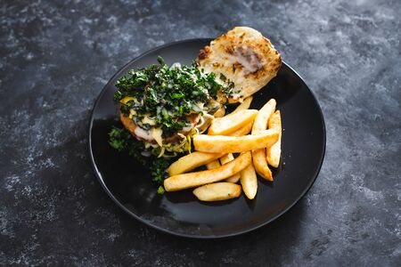 healthy plant-based food recipes concept, vegan burger with charred kale pickles dairy-free cheese and chipsの写真素材