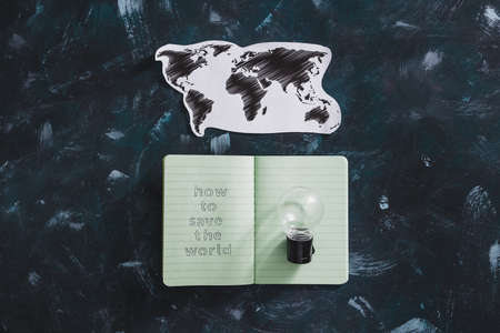 concept of environmental awareness, How to save the planet text on notepad with light bulb and world mapの写真素材