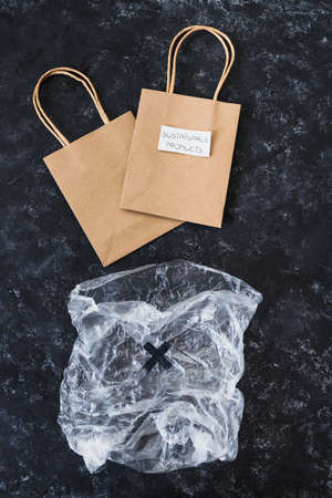 ecological choices and environmental awareness concept, Sustainable Products label on reusable bags...