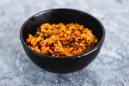 healthy plant-based food recipes concept, vegan rice and quinoa with mixed vegetables