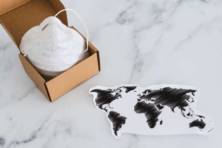concept of international trade during the covid-19 pandemic outbreak, delivery parcel with virus...