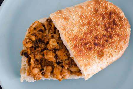 healthy plant-based food recipes concept, vegan butter bean and cauliflower sandwich with paprika...