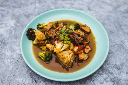 healthy plant-based food recipes concept, vegan mixed vegetable stew with tempehの写真素材